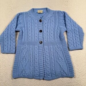 Kilronan Knitwear 100% Merino Wool Sweater Womens XS Cardigan Cable‎ Knit Blue